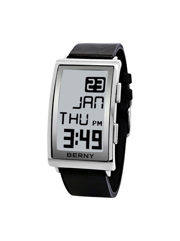 Men's Digital Watch E-Ink Display Fashion LED E-Paper Square Watch Curved Dial Leather Strap Watches with Two-Time Zone Waterproof Wristwatch