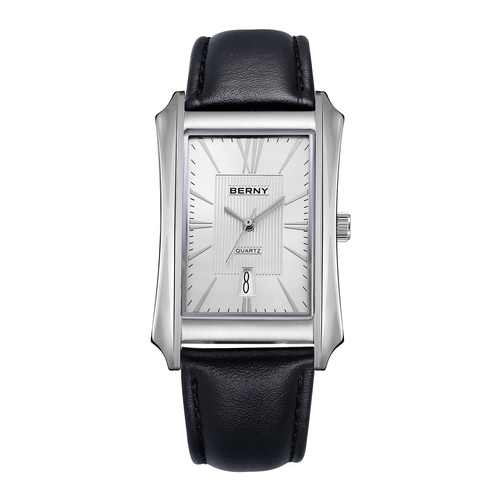 BERNY Men's Leather Watch, Vintage Stainless Steel Rectangular Case Roman Dial Dress Analog Watch with Date Calendar, Waterproof, Classic Business Quartz Wrist Watches for Men (White)