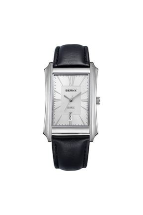 Men's Leather Watch, Vintage Stainless Steel Rectangular Case Roman Dial Dress Analog Watch with Date Calendar, Waterproof, Classic Business Quartz Wrist Watches for Men (White)