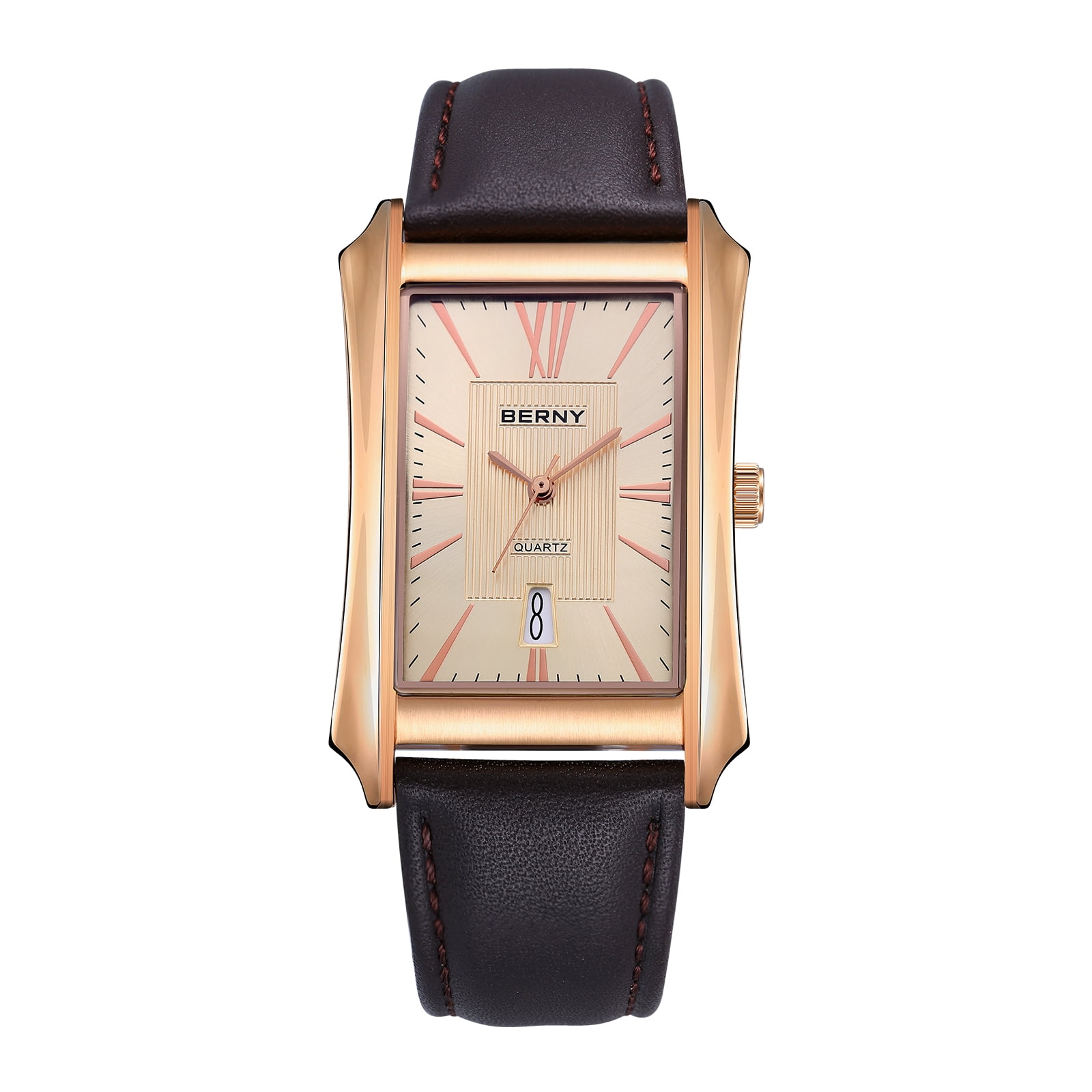 BERNY Men's Leather Watch, Vintage Stainless Steel Rectangular Case Roman Dial Dress Analog Watch with Date Calendar, Waterproof, Classic Business Quartz Wrist Watches for Men (Rose Gold)