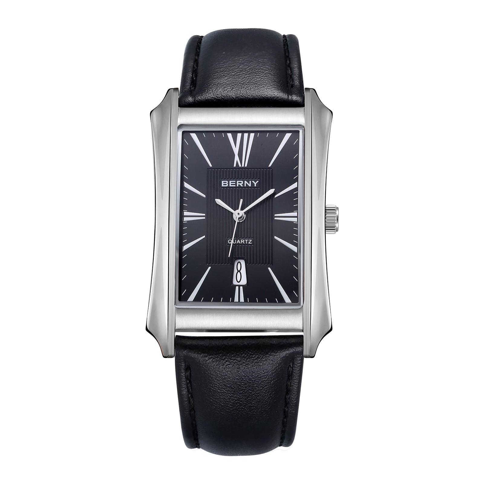 BERNY Men's Leather Watch, Vintage Stainless Steel Rectangular Case Roman Dial Dress Analog Watch with Date Calendar, Waterproof, Classic Business Quartz Wrist Watches for Men (Black)