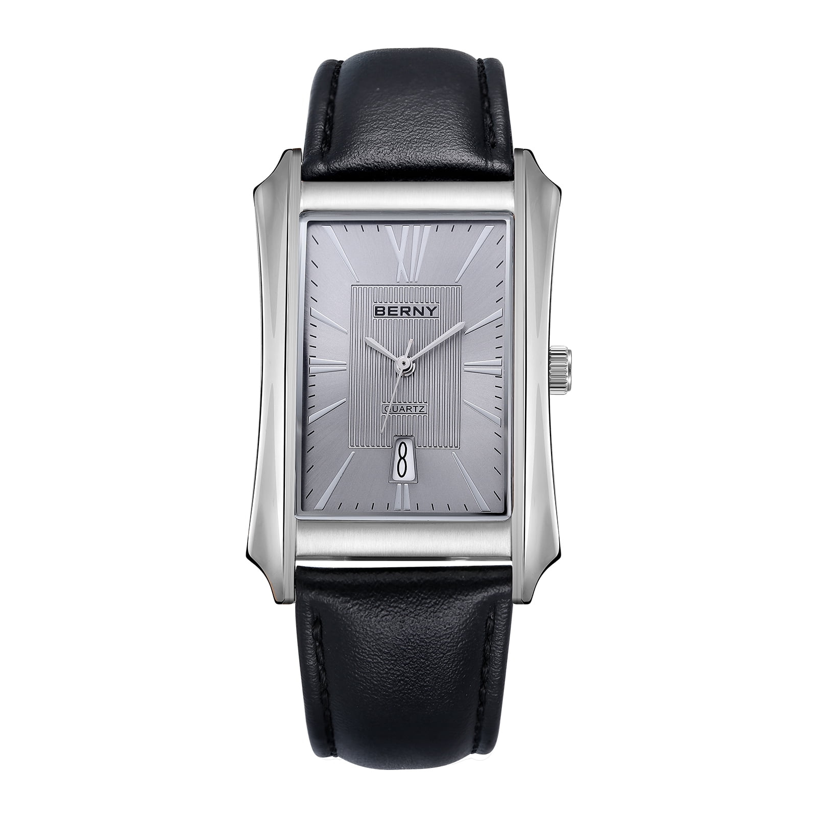 BERNY Men's Leather Watch, Vintage Stainless Steel Rectangular Case Roman Dial Dress Analog Watch with Date Calendar, Waterproof, Classic Business Quartz Wrist Watches for Men (Gray)