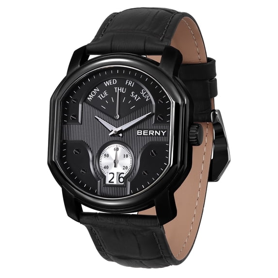 BERNY Men's Leather Watch, Vintage Stainless Steel Swiss Quartz Watch with Day & Date Calendar, Small Seconds, Luminous, Waterproof, Sapphire Crystal, Fashion Analog Wrist Watches for Men (Black #2)