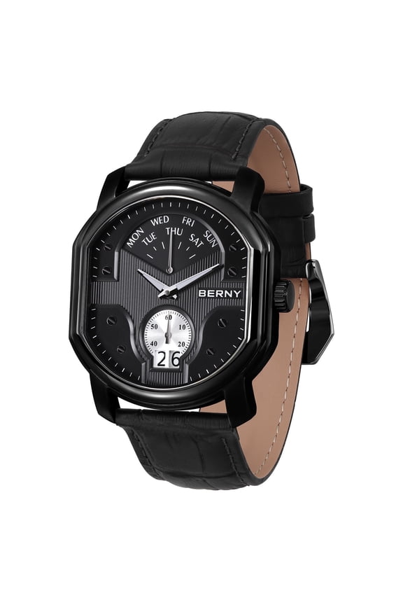 Men's Leather Watch, Vintage Stainless Steel Swiss Quartz Watch with Day Date Calendar, Small Seconds, Luminous, Waterproof, Sapphire Crystal, Fashion Analog Wrist Watches for Men (Black #2)