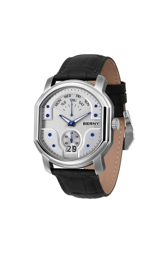 Men's Leather Watch, Vintage Stainless Steel Swiss Quartz Watch with Day Date Calendar, Small Seconds, Luminous, Waterproof, Sapphire Crystal, Fashion Analog Wrist Watches for Men (White #1)