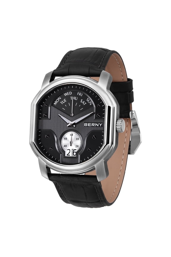 Men's Leather Watch, Vintage Stainless Steel Swiss Quartz Watch with Day Date Calendar, Small Seconds, Luminous, Waterproof, Sapphire Crystal, Fashion Analog Wrist Watches for Men (Black #1)