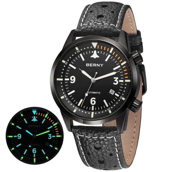 BERNY Automatic Dive Watches for Men, Fashion Leather Strap Mechanical Watch with Date, Sapphire Crystal, Super Luminous, 20ATM Waterproof, Luxury Pilot-Style Men's Diver Watch, Black