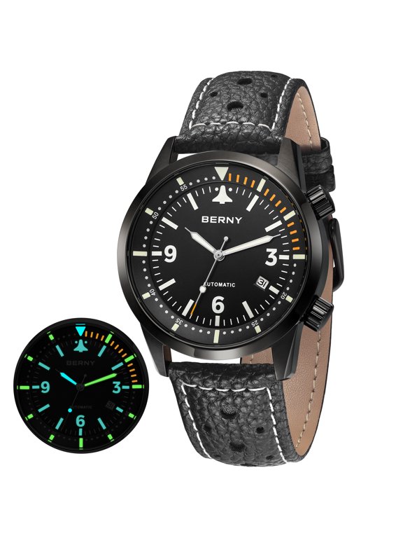 Automatic Dive Watches for Men, Fashion Leather Strap Mechanical Watch with Date, Sapphire Crystal, Super Luminous, 20ATM Waterproof, Luxury Pilot-Style Men's Diver Watch, Black