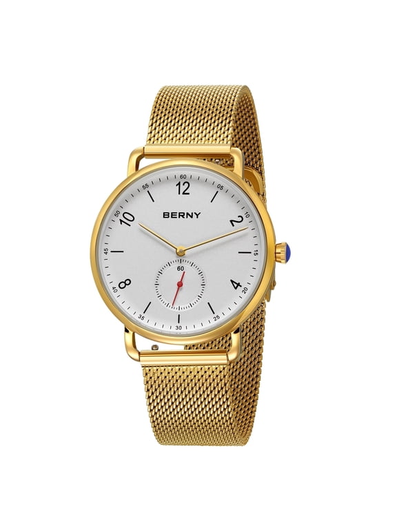 Quartz Watch for Men, Classic Men's Analog Watch with Stainless Steel Mesh Band, Small Second Sub-Dial, 5ATM Waterproof, Fashion Men's Wristwatch, Gold