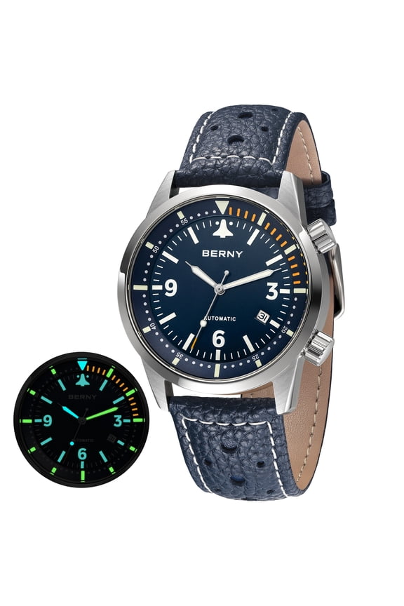 Automatic Dive Watches for Men, Fashion Leather Strap Mechanical Watch with Date, Sapphire Crystal, Super Luminous, 20ATM Waterproof, Luxury Pilot-Style Men's Diver Watch, Blue