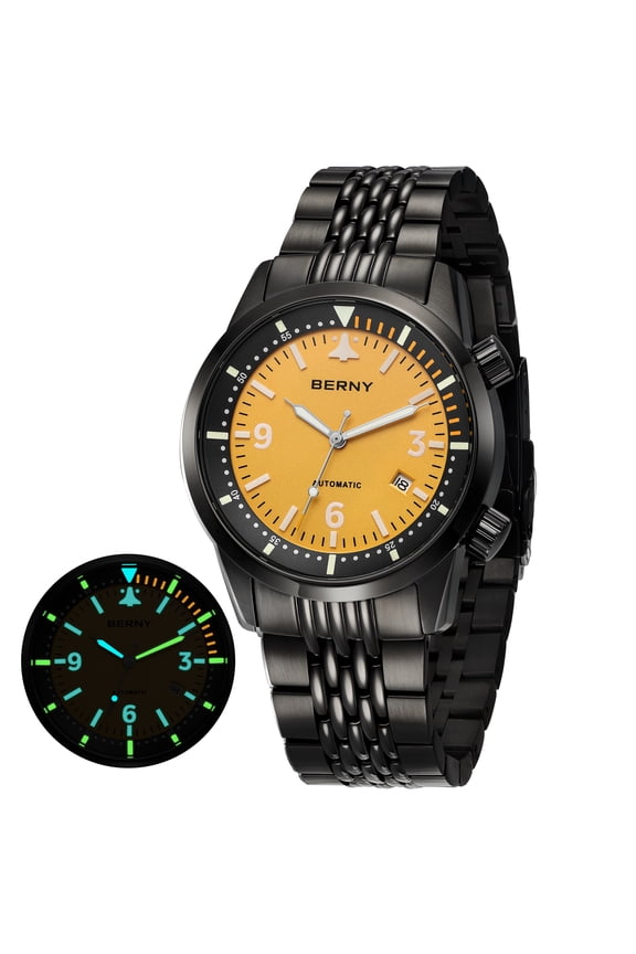 Automatic Dive Watches for Men, Sport Fashion Mechanical Watch with Date, Sapphire Crystal, Super Luminous, 20ATM Waterproof, Luxury Pilot-Style Men's Diver Watch, Yellow