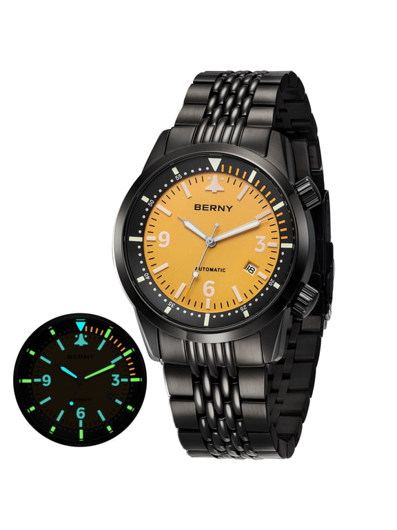 Automatic Dive Watches for Men, Sport Fashion Mechanical Watch with Date, Sapphire Crystal, Super Luminous, 20ATM Waterproof, Luxury Pilot-Style Men's Diver Watch, Yellow