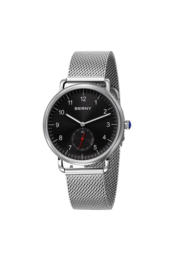 Quartz Watch for Men, Classic Casual Men's Analog Watch with Stainless Steel Mesh Band, Small Second Sub-Dial, 5ATM Waterproof, Fashion Men Wristwatch, Black
