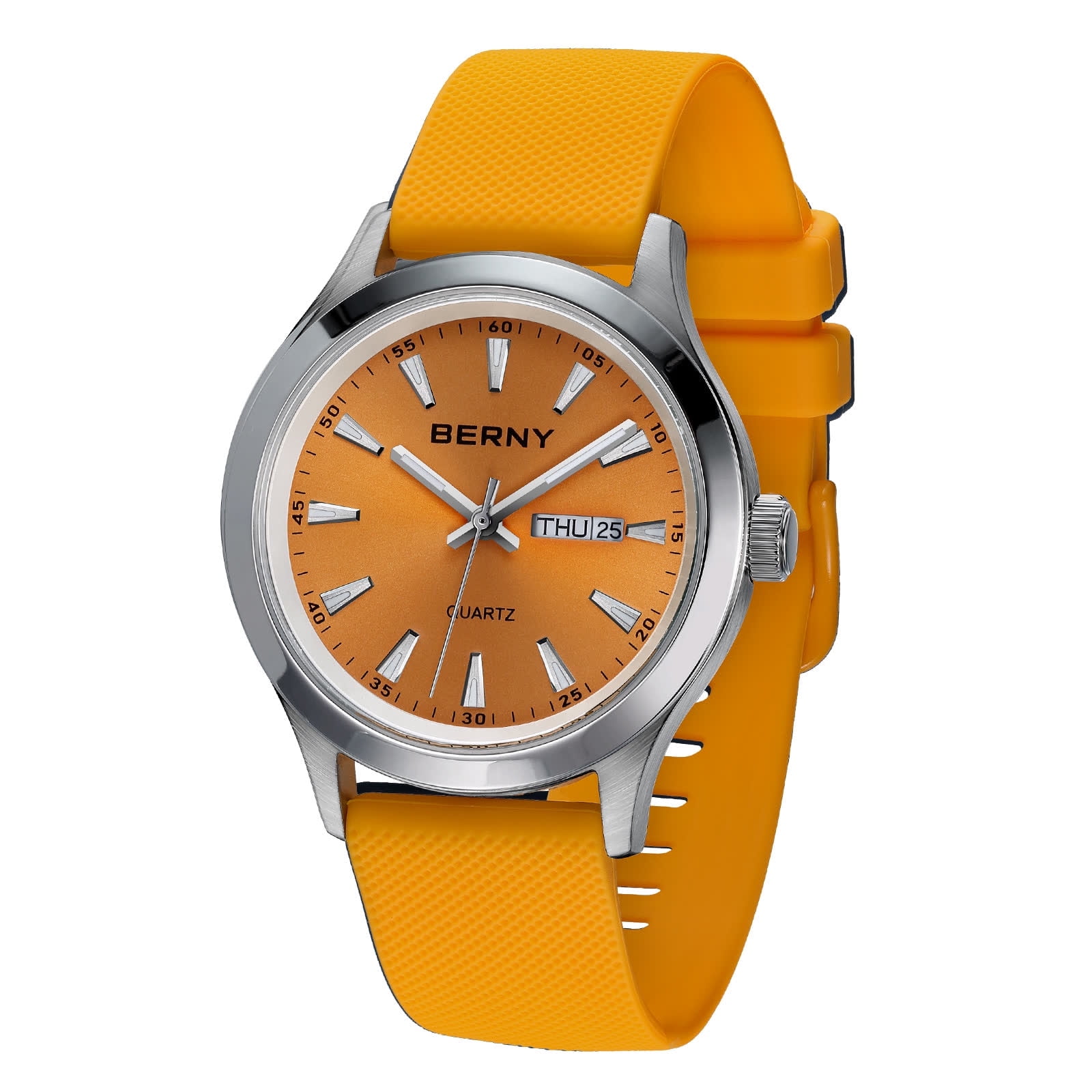 BERNY Quartz Watch for Men, Fashion Sports Men Watches with Silicone Strap, Date & Day Calendar, Casual Waterproof Men's Watch, Orange