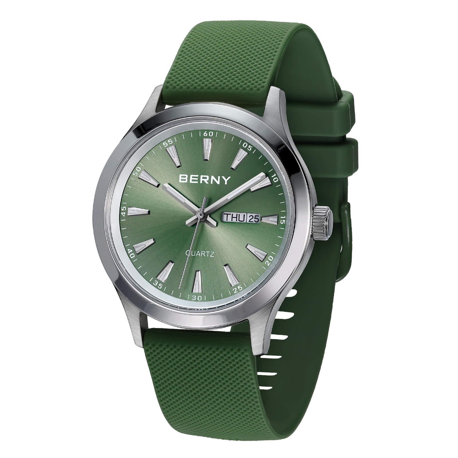 BERNY Quartz Watch for Men, Fashion Sports Men Watches with Silicone Strap, Date & Day Calendar, Casual Waterproof Men's Watch, Green