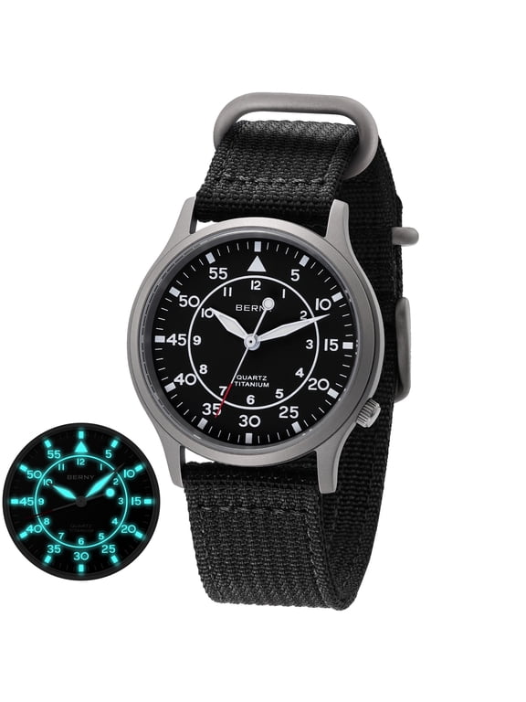 Men's Titanium Watch, Sport Field Watches with Japanese Quartz Movement, Nylon Strap, Super Luminous, 5ATM Water‑Resistant, Military Wristwatch, Black