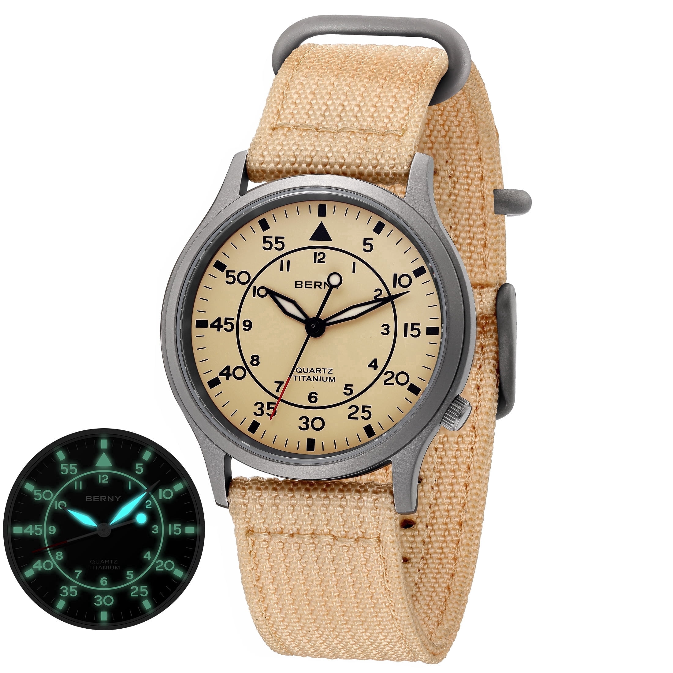 BERNY Titanium Watches for Men, Sport Military Men Watch with Canvas Strap, Japanese Quartz Movement, Super Luminous, Fashion Men's Field Watch, Casual 5ATM Waterproof Army Wristwatch, Beige