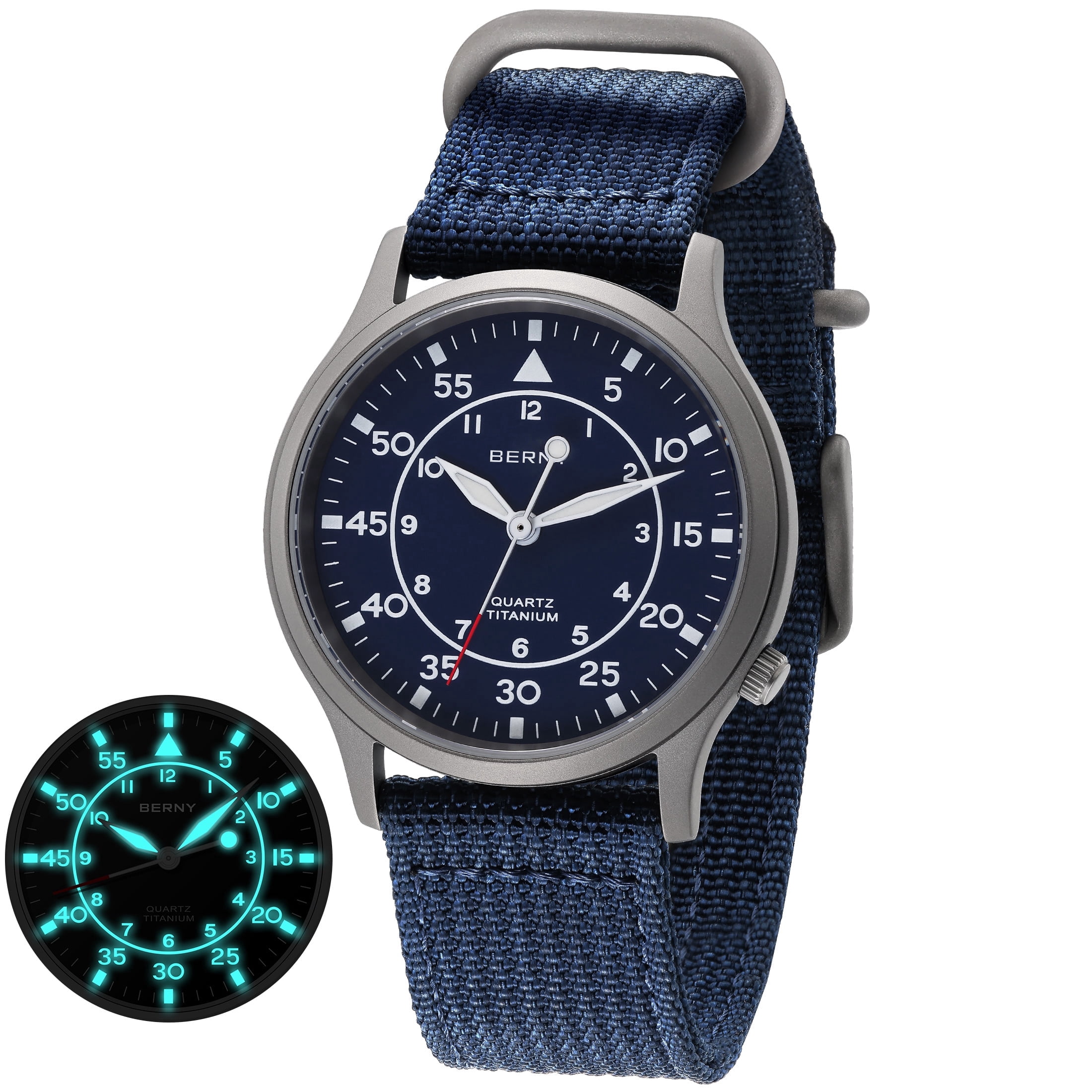 BERNY Titanium Watches for Men, Sport Military Men Watch with Canvas Strap, Japanese Quartz Movement, Super Luminous, Fashion Men's Field Watch, Casual 5ATM Waterproof Army Wristwatch, Blue