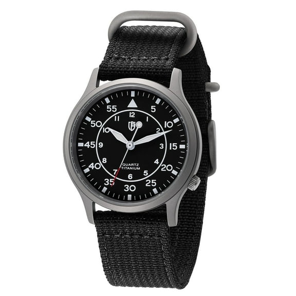 BERNY Titanium Watches for Men, Field Men's watch, Sport Military Analog Quartz Watches with Canvas Strap, Japanese Quartz Movement, 5ATM Waterproof, Super Luminous, Black