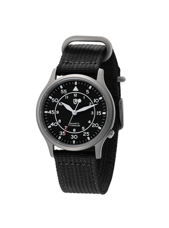 Titanium Watches for Men, Field Men's watch, Sport Military Analog Quartz Watches with Canvas Strap, Japanese Quartz Movement, 5ATM Waterproof, Super Luminous, Black