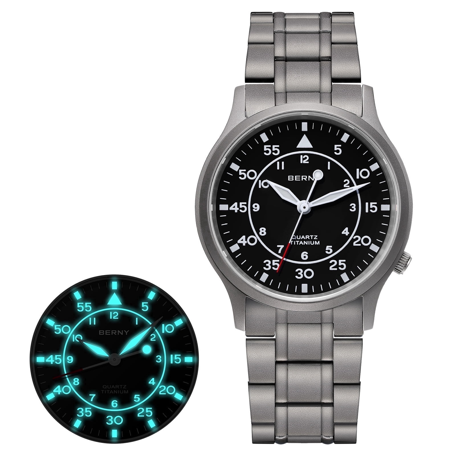 BERNY Titanium Watches for Men, Sport Military Men Watch with Japanese Quartz Movement, Super Luminous, Fashion Men's Field Watch, Casual 5ATM Waterproof Army Wristwatch, Black