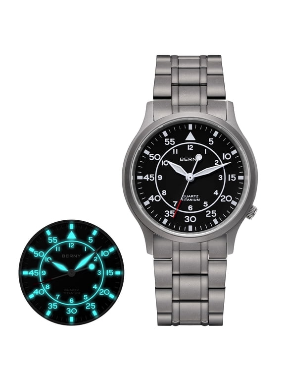 Men's Titanium Watch, Sport Field Watches with Japanese Quartz Movement, Super Luminous, 5ATM Water‑Resistant, Military Wristwatch, Black