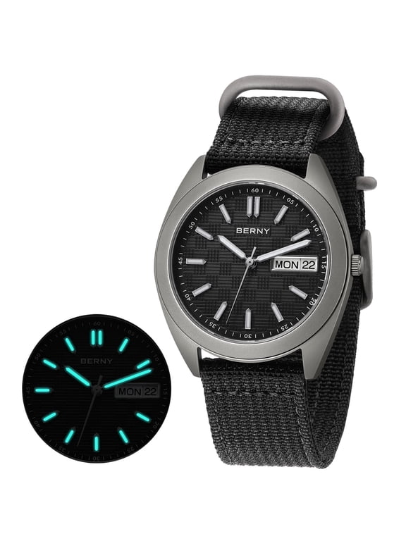 Men's Titanium Watch, Sport Field Watch with Date, Japanese Quartz Movement, Canvas Strap, Super Luminous, 10ATM Water‑Resistant, Military Wristwatch, Black