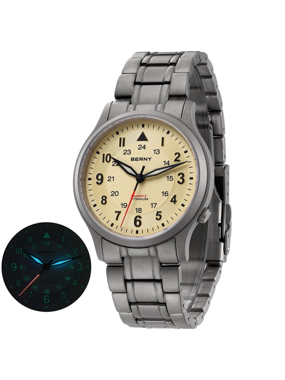 Men's Titanium Watch, Sport Field Watch with Japanese Quartz Movement, Sapphire Crystal, Super Luminous, 5ATM Water Resistant Military Wristwatch, Beige