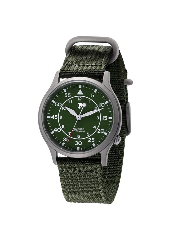 Men's Titanium Watch, Sport Field Watches with Japanese Quartz Movement, Nylon Strap, Super Luminous, 5ATM Water‑Resistant, Military Wristwatch, Green