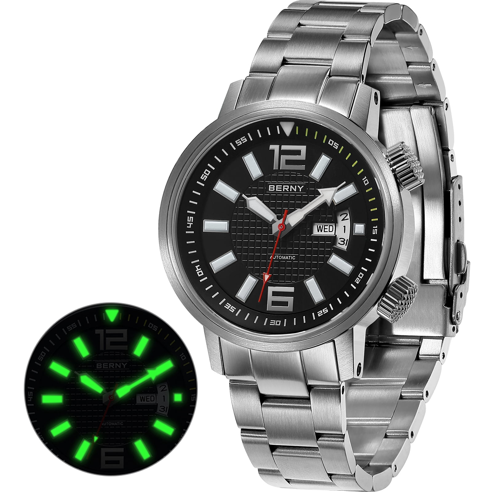 BERNY Automatic Dive Watches for Men, Sport 200M Waterproof Analog Mechanical Watch with Day & Date Calendar, Super Luminous, Stainless Steel, Sapphire Crystal, Fashion Men's Pro Diver Watch (Black)