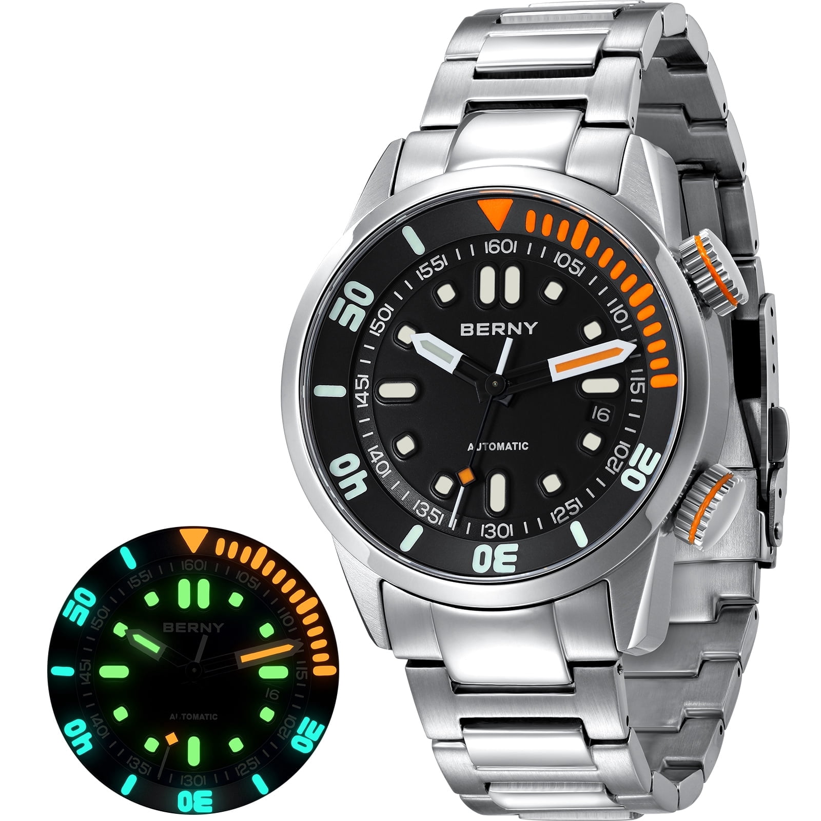 BERNY Automatic Dive Watches for Men, Sport 20ATM Waterproof Analog Mechanical Watch with Date, Super Luminous, Stainless Steel, Sapphire Crystal, Fashion Men's Pro Diver Watch (Black)