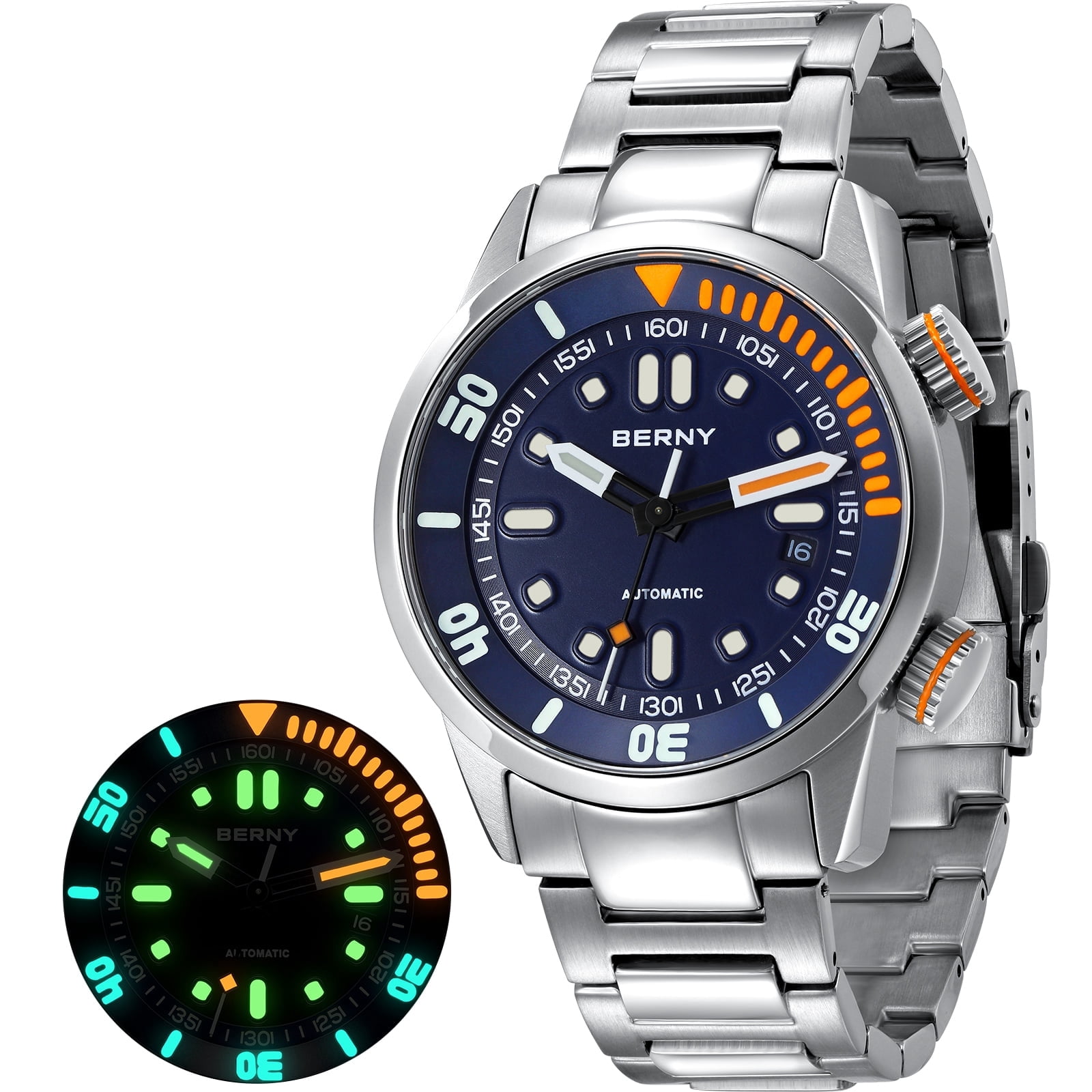 BERNY Automatic Dive Watches for Men, Sport 20ATM Waterproof Analog Mechanical Watch with Date, Super Luminous, Stainless Steel, Sapphire Crystal, Fashion Men's Pro Diver Watch (Blue)
