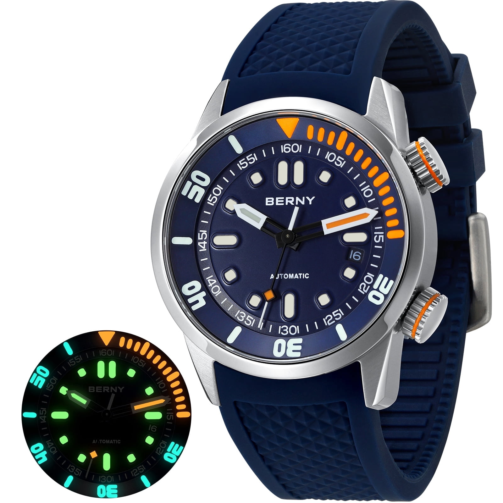 BERNY Automatic Dive Watches for Men, Sport 20ATM Waterproof Analog Mechanical Watch with Date, Super Luminous, Silicone Strap, Stainless Steel, Sapphire Crystal, Men's Pro Diver Watch (Blue)