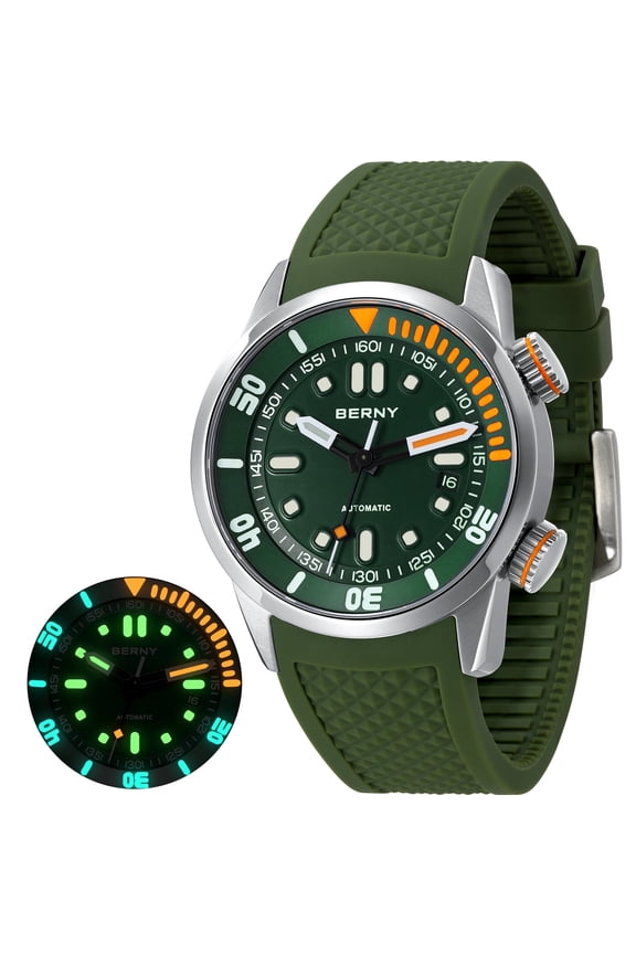 Automatic Dive Watches for Men, Sport 20ATM Waterproof Analog Mechanical Watch with Date, Super Luminous, Silicone Strap, Stainless Steel, Sapphire Crystal, Men's Pro Diver Watch (Green)