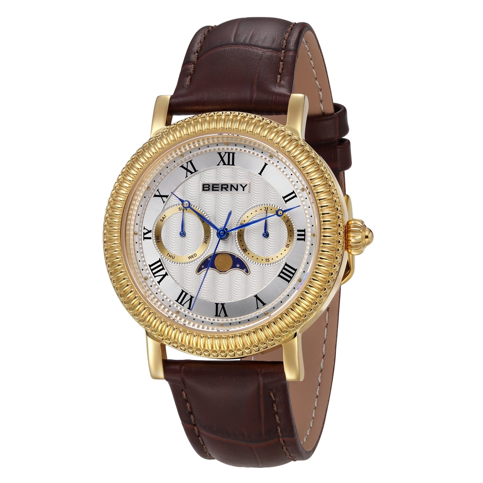 BERNY Mens Leather Watch, Vintage Roman Numerals Moon Phase Dress Watch with Day & Date, Stainless Steel, Sapphire Crystal, Waterproof, Fashion Luxury Analog Quartz Wrist Watches for Men (Gold)