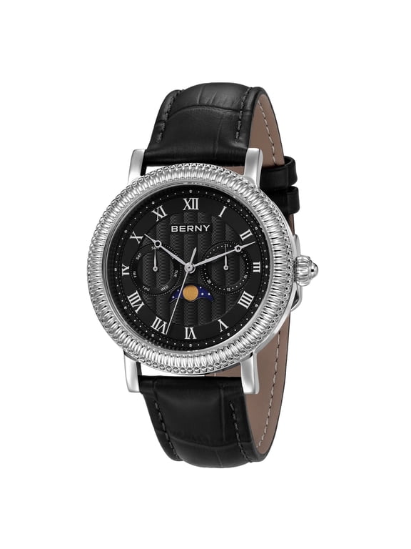 Mens Leather Watch, Vintage Roman Numerals Moon Phase Dress Watch with Day & Date, Stainless Steel, Sapphire Crystal, Waterproof, Fashion Luxury Analog Quartz Wrist Watches for Men (Silver)