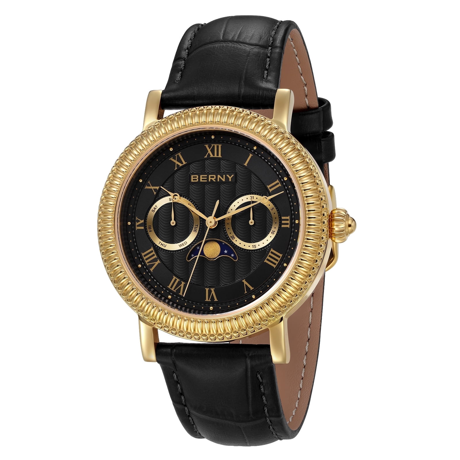 BERNY Mens Leather Watch, Vintage Roman Numerals Moon Phase Dress Watch with Day & Date, Stainless Steel, Sapphire Crystal, Waterproof, Fashion Luxury Analog Quartz Wrist Watches for Men (Gold)