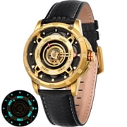 BERNY Mens Skeleton Automatic Watch, Luxury Fashion Self Winding Mechanical Watch with Leather Strap, Exhibition Caseback, Sapphire Crystal, Luminous 50M Waterproof Watches for Mens Gifts Gold