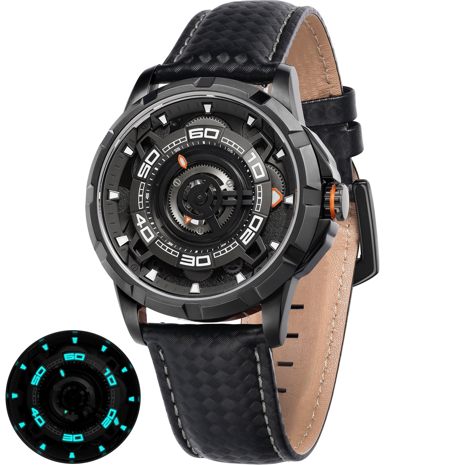 BERNY Mens Skeleton Automatic Watch, Luxury Fashion Self Winding Mechanical Watch with Leather Strap, Exhibition Caseback, Sapphire Crystal, Luminous 50M Waterproof Watches for Mens Gifts (Balck)
