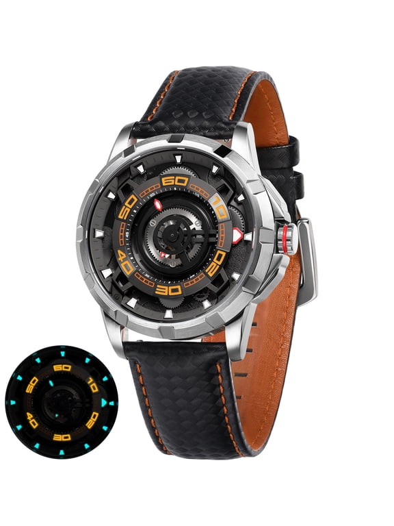 Mens Skeleton Automatic Watch, Luxury Fashion Self Winding Mechanical Watch with Leather Strap, Exhibition Caseback, Sapphire Crystal, Luminous 50M Waterproof Watches for Mens Gifts (Silver)
