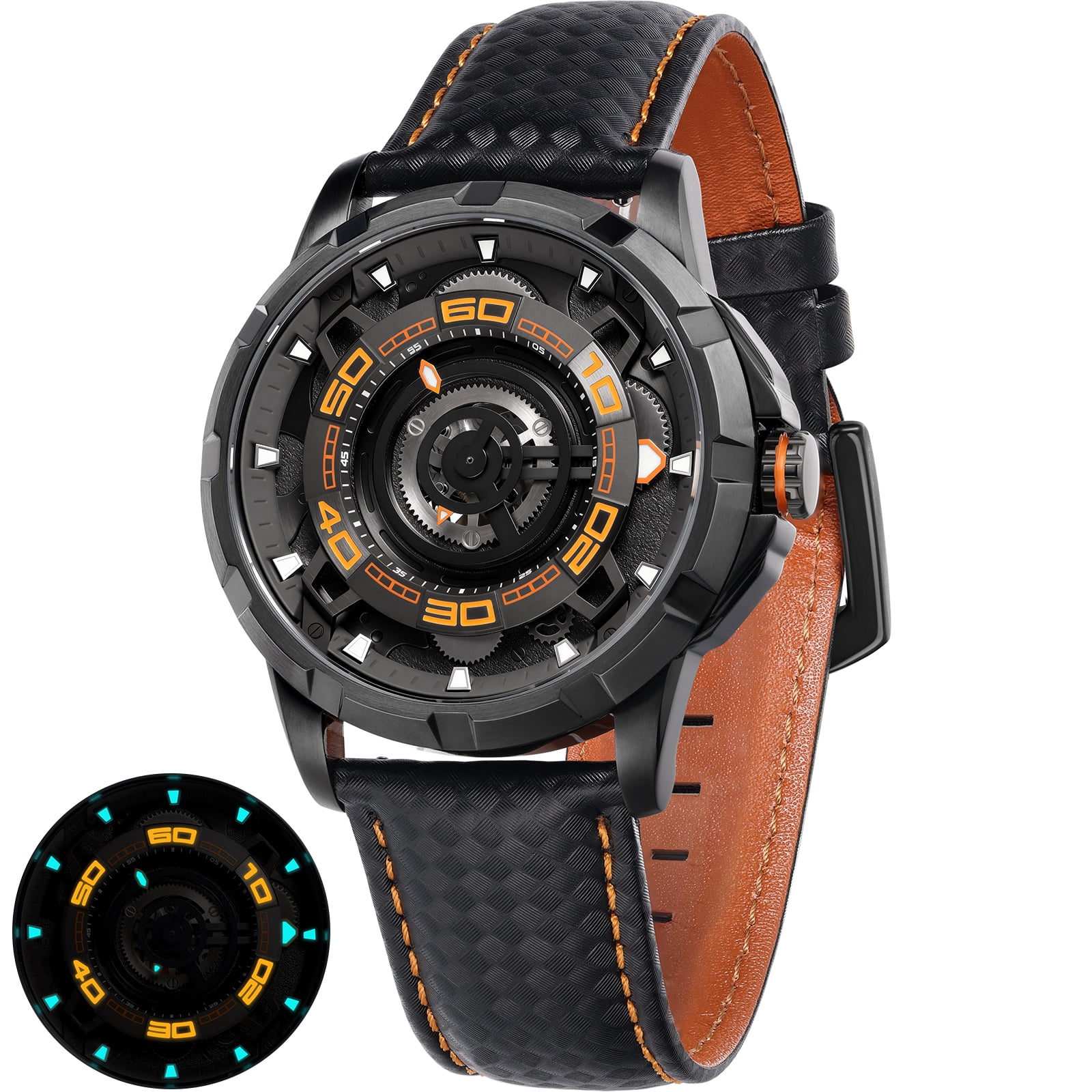 BERNY Mens Skeleton Automatic Watch, Luxury Fashion Self Winding Mechanical Watch with Leather Strap, Exhibition Caseback, Sapphire Crystal, Luminous 50M Waterproof Watches for Mens Gifts (Balck)