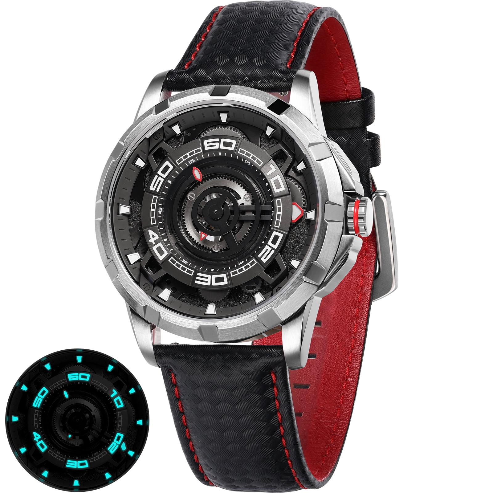 BERNY Mens Skeleton Automatic Watch, Luxury Fashion Self Winding Mechanical Watch with Leather Strap, Exhibition Caseback, Sapphire Crystal, Luminous 50M Waterproof Watches for Mens Gifts (Silver)