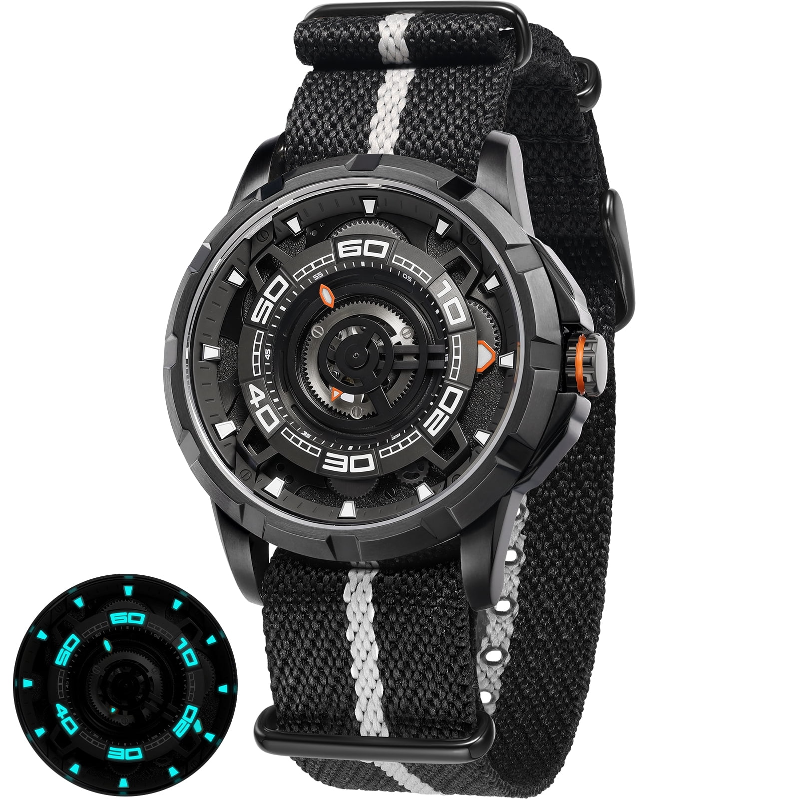 BERNY Mens Skeleton Automatic Watch, Luxury Fashion Self Winding Mechanical Watch with Nylon Strap, Exhibition Caseback, Sapphire Crystal, Luminous 50M Waterproof Watches for Mens Gifts (Black)