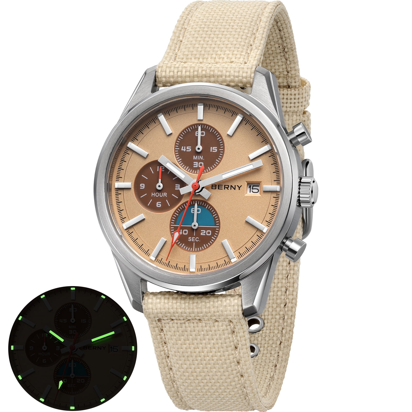 BERNY Mens Watches Analog Quartz Chronograph Watch with Date Canvas Strap Luminous Sapphire Crystal Luxury Fashion Business Casual 50M Waterproof Wrist Watches for Men (Brown)
