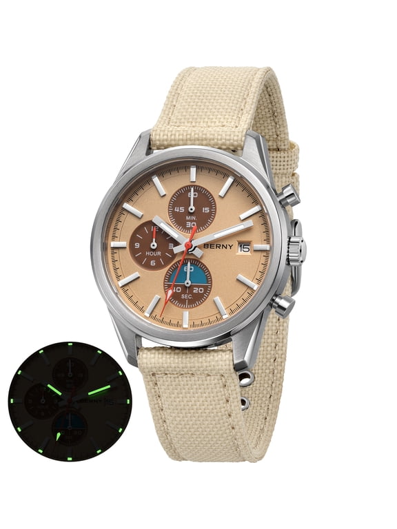 Mens Watches Analog Quartz Chronograph Watch with Date Canvas Strap Luminous Sapphire Crystal Luxury Fashion Business Casual 50M Waterproof Wrist Watches for Men (Brown)