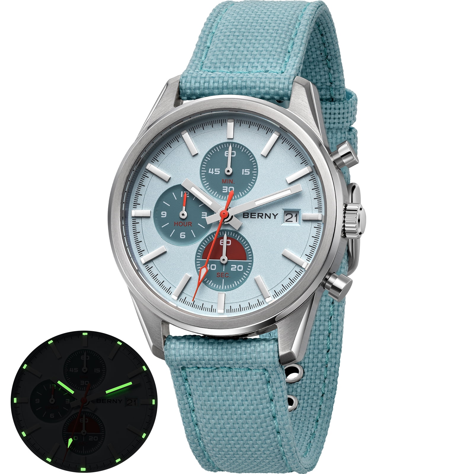 BERNY Mens Watches Analog Quartz Chronograph Watch with Date Canvas Strap Luminous Sapphire Crystal Luxury Fashion Business Casual 50M Waterproof Wrist Watches for Men (Blue)