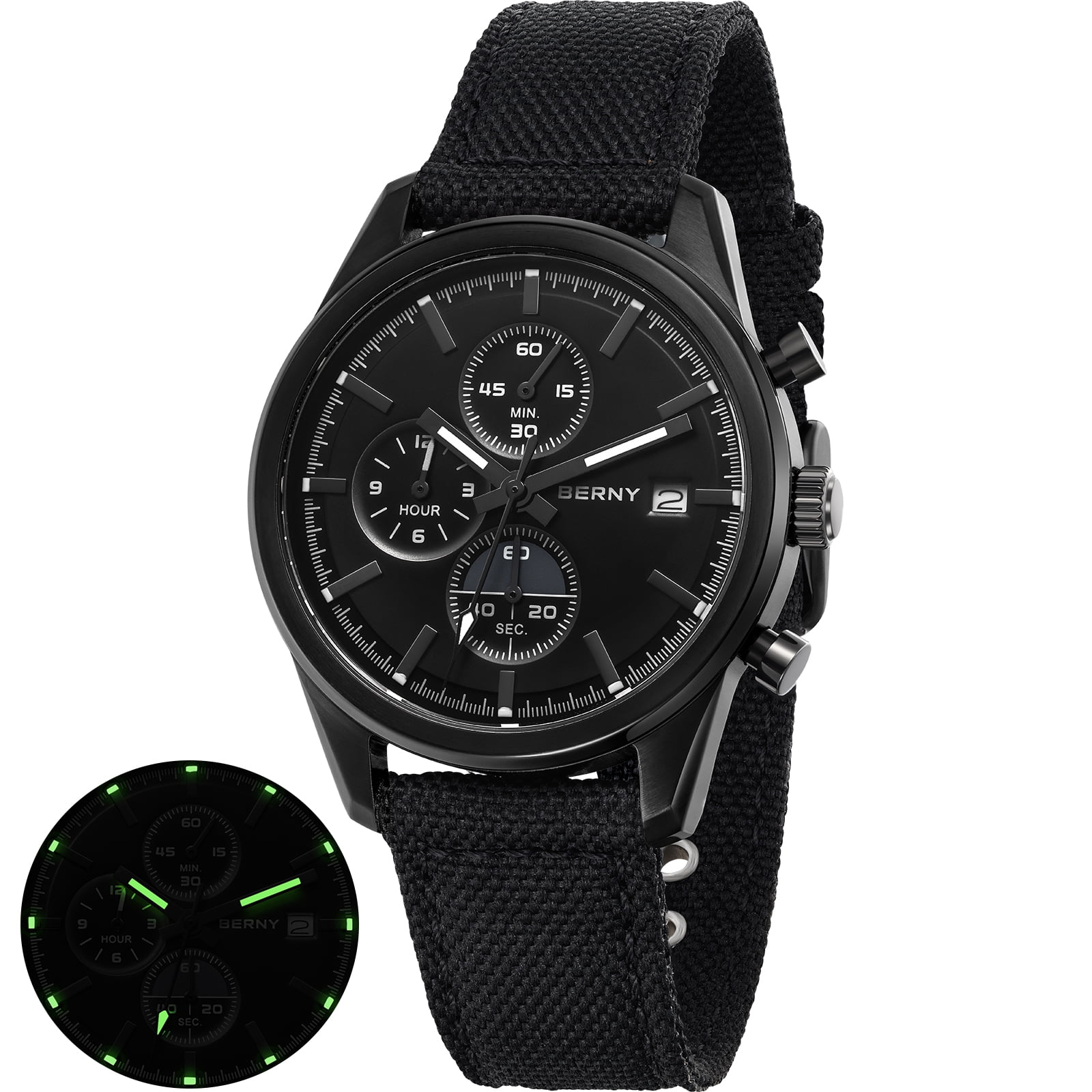 BERNY Mens Watches Analog Quartz Chronograph Watch with Date Canvas Strap Luminous Sapphire Crystal Luxury Fashion Business Casual 50M Waterproof Wrist Watches for Men (Black)
