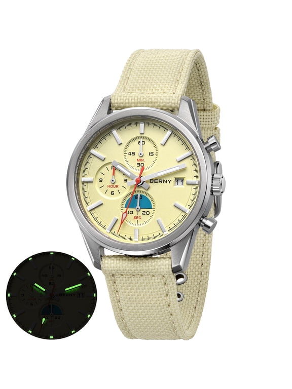 Mens Watches Analog Quartz Chronograph Watch with Date Canvas Strap Luminous Sapphire Crystal Luxury Fashion Business Casual 50M Waterproof Wrist Watches for Men (Yellow)
