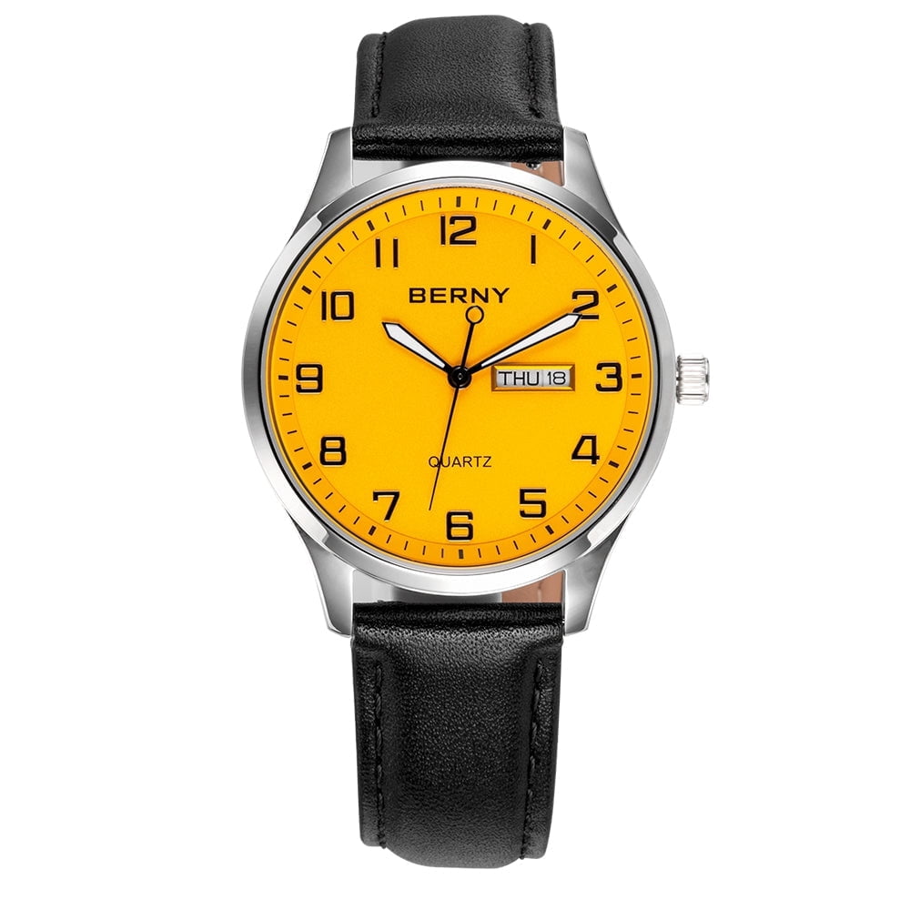 BERNY Modern Quartz Watch for Men Casual Easy Read Wristwatch with Arabic Numeral Watch Dial, Genuine Leather Strap and Day & Date Calendar