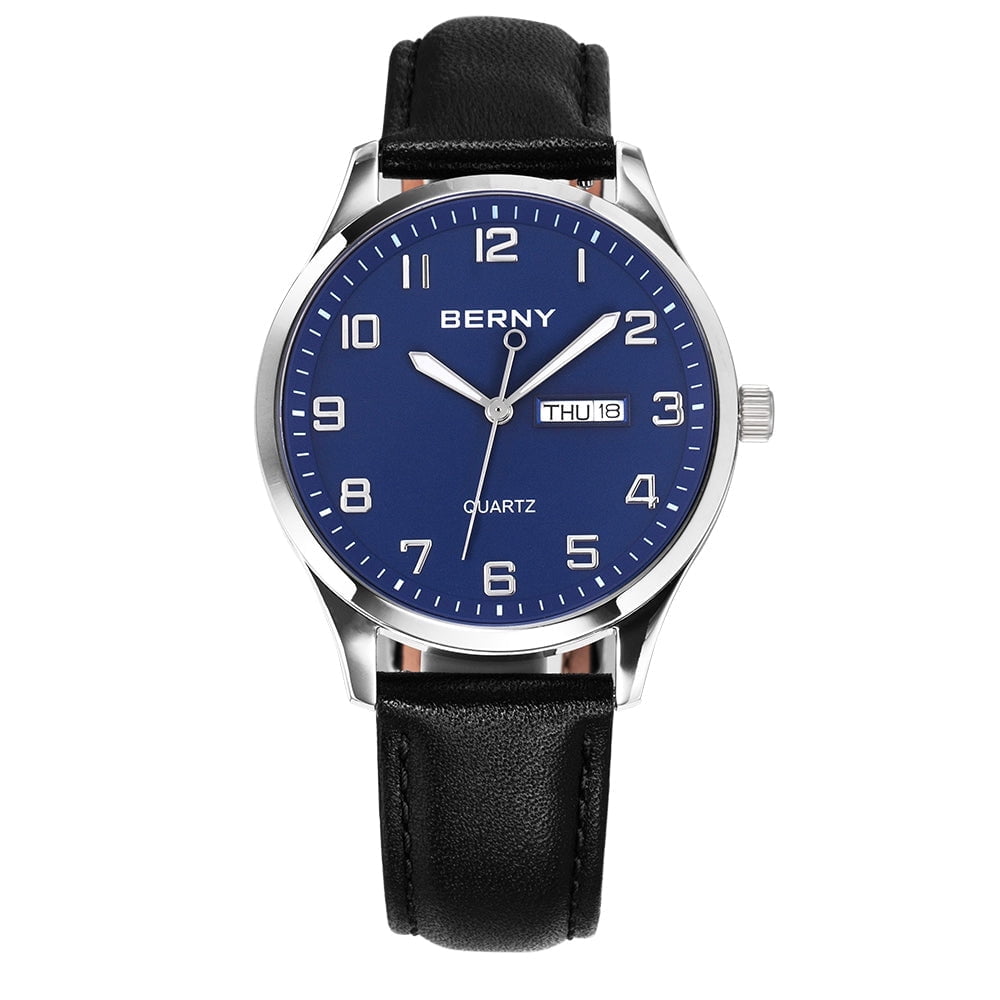 BERNY Modern Quartz Watch for Men Casual Easy Read Wristwatch with Arabic Numeral Watch Dial, Genuine Leather Strap and Day & Date Calendar-Blue Dial